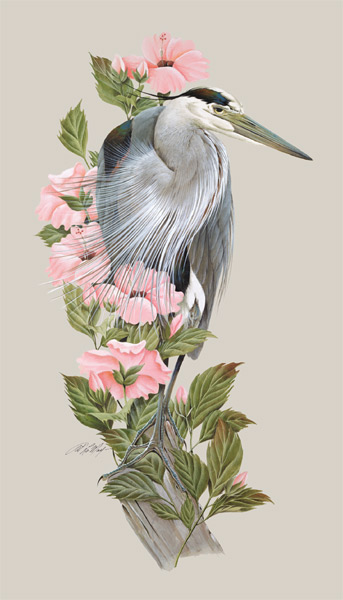 Great Blue heron with Pink and Greenr Watercolor by Art LaMay