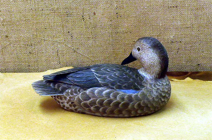 Hen Blue Wing Decoy carving - by Ken Scheeler