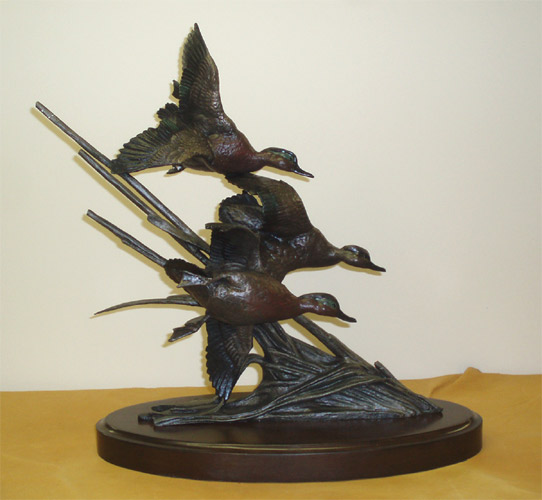"Buzzing Beauties" Bronze Sculpture - Green Wing Teal  by Ronnie Wells